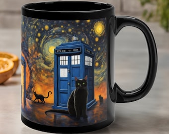 Schwarze Katze Doctor Who Tasse - Dr Who inspiriert Tardis Blaue Polizei Box Sternennacht Katzentasse - Schwarze Katzentasse, niedliches Geschenk für Katzenbesitzer, Liebhaber, Mutter
