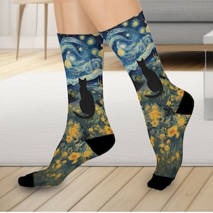Sterrennacht Cat Socks - Geïnspireerd Van Gogh Cute Socks, Van Gogh Starry Night Black Cat Funny Socks, Cat Owner, Lover Cozy Socks, Funky Socks