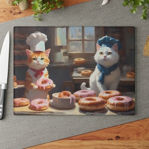 Donut Cat Glass Cutting Board - Unique Cutting Board Donut Art, Funny Cutting Board, Cute Gift For Cat Owner, Cat Lover, Lady, Mama, Cat Mom