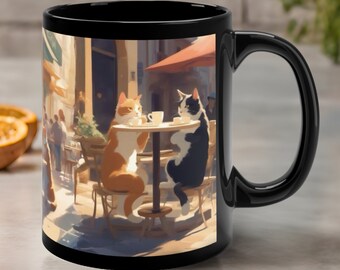 Cats Having Coffee Mug - Cafe Cats Coffee Cup - Cozy Feline Conversation Mug - Whimsical Vintage Illustration Cute Gift For Cat Lover