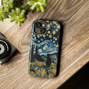 Starry Night Cat Phone Case - Inspired Van Gogh Phone Case, Van Gogh Starry Night Black Cat, Tough Case iPhone 15-8, Samsung Galaxy S24-S20