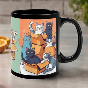 Cats in Boxes Mug - Funny Cat Coffee Mug - Whimsical Fun Cat Cup - Unique Quirky Cartoon Cat Mug - Cute Playful Humorous Gift For Cat Lover