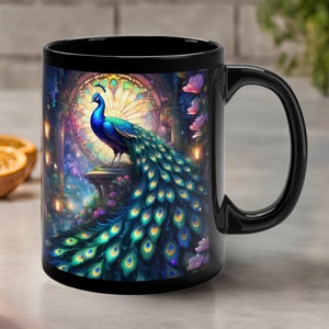 Peacock Mug - Peacock Art Bird Mug - Bioluminescent Watercolor Peacock Painting Green Feathers Teacup - Enchanted Fantasy Peacock Gifts