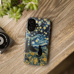 Starry Night Cat Phone Case - Inspired Van Gogh Starry Night Black Cat Sunflower Field Tough Case iPhone 16-8, Samsung Galaxy S25-S20