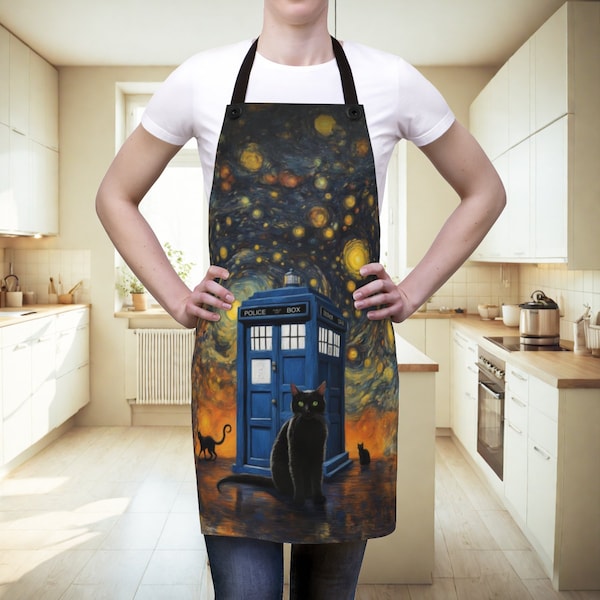 Zwarte kat Doctor Who schattige schort, Dr Who Tardis Blue Police Box Sterrennacht zwarte kat grappige schort, kattenliefhebber bakken schort, cadeau kat eigenaar