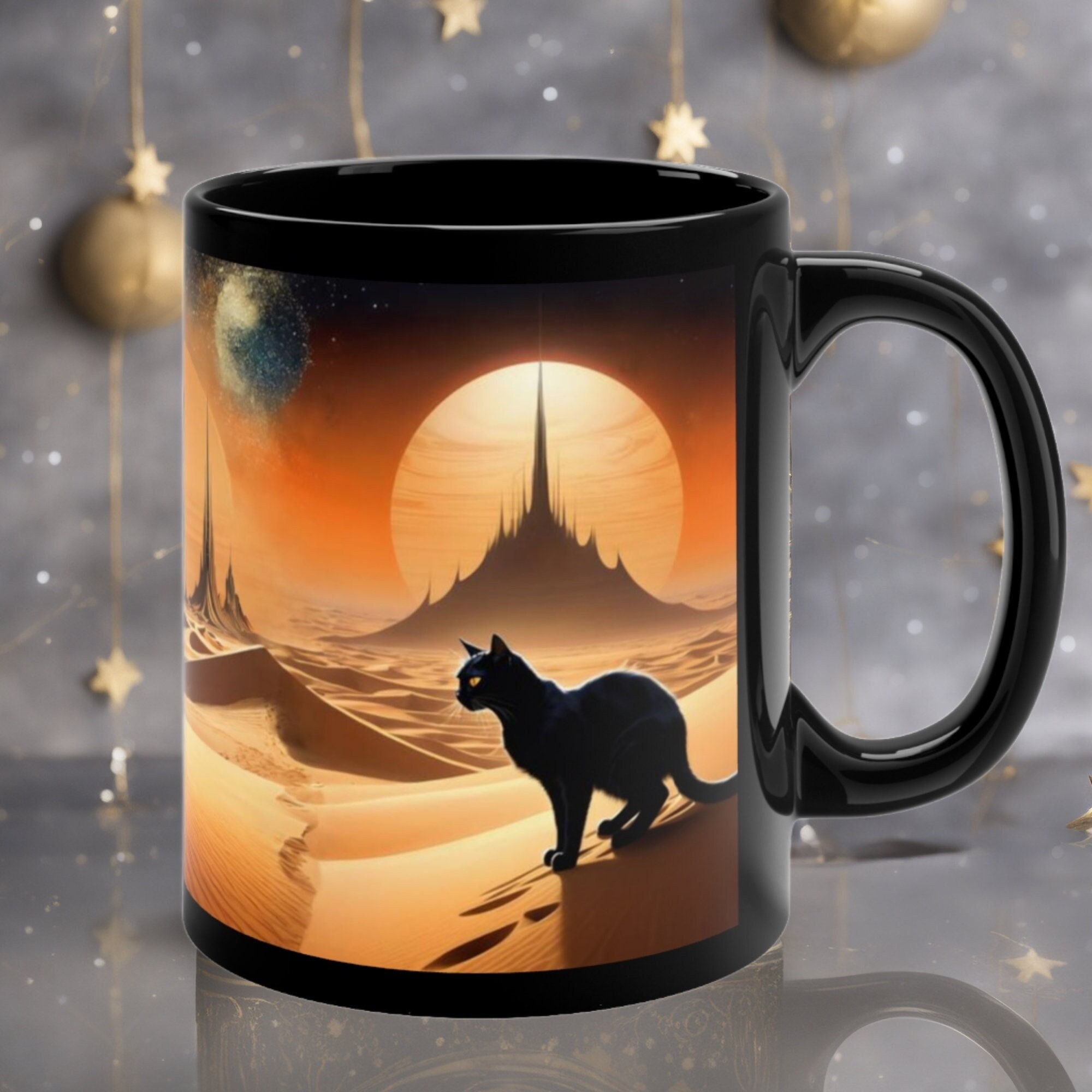 Schwarze Katze Düne Becher - Mystisches Wüstenabenteuer Arrakis Düne Gewürzfelder Katzentasse - Gewürzdüne Schwarze Katze Kunstbecher - Geschenk für Sci-Fi-Katzenliebhaber