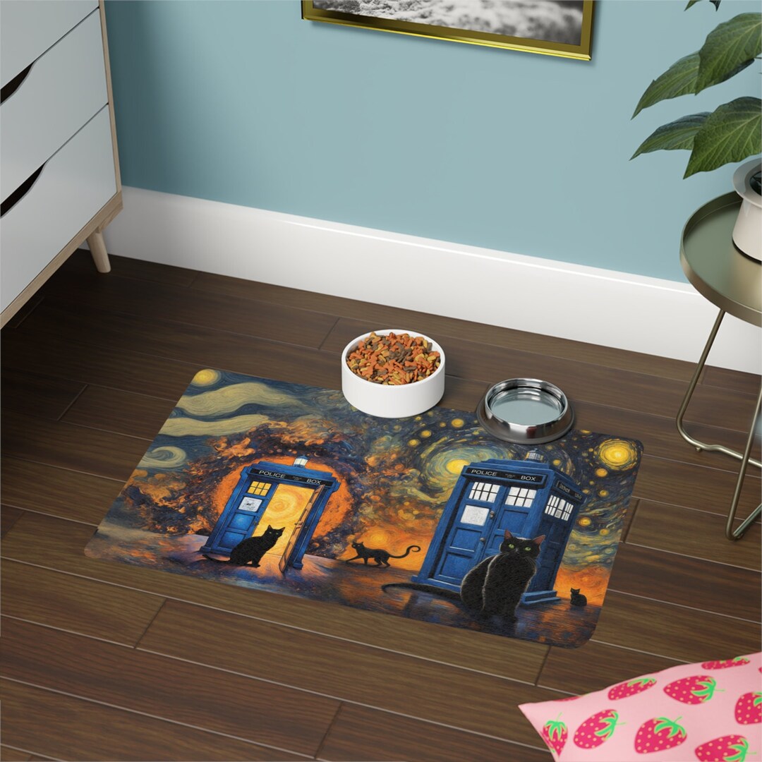 Black Cat Dr Who Pet Food Mat Doctor Style Tardis Blue Etsy UK