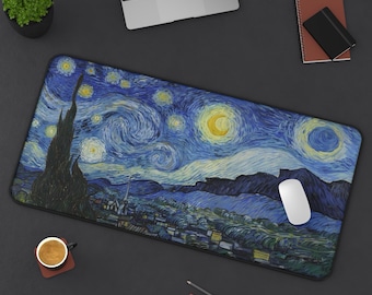 May include: A large rectangular mouse pad with a vibrant blue and yellow starry night scene. The scene is reminiscent of Vincent van Gogh's famous painting.