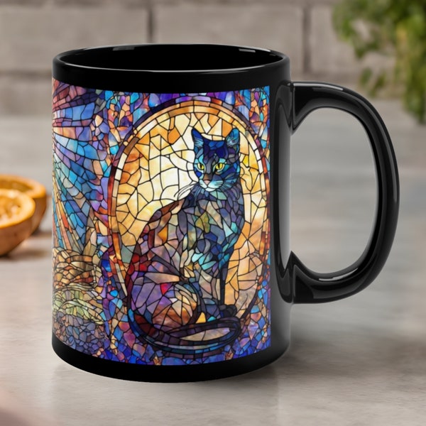 Stained Glass Cat Ceramic Coffee Mug - Double-Sided Watercolor Cat Cup - Boho Art Aesthetic Mug for Coffee Lovers - Cool & Popular Cat Mug