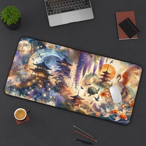 May include: A colorful mousepad with a Japanese-inspired design featuring a pagoda, a phoenix, and a turtle. The design is painted in watercolor style with a variety of colors, including blue, green, purple, and gold.