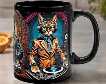 Retro Cat DJ Mug - Cats in Techno Retro Futurism Music Studio Cat Cup, DJ with Cat Ear Headphones, Cute Gift For Cat Owner, Cat Lover, Mom