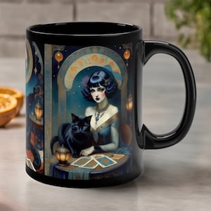 Schwarze Katzen-Tarot-Karten-Tasse - Die Begleiter-Katzen-Kaffeetasse des Tarot-Lesers - Vintage mystische Orakel-Katzen-Tasse - Geschenk für Katzenliebhaber