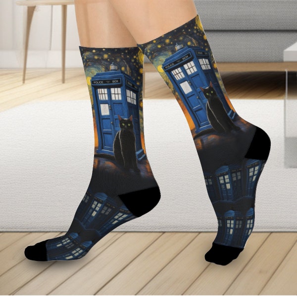 Black Cat Dr Who Socks - Funny Socks, Doctor Style Tardis Blue Police Box Starry Night Black Cat Socks, Cute Socks, Cozy Socks, Funky Socks