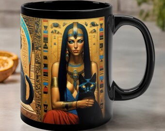 Ancient Egyptian Cat Goddess Mug - Hieroglyphic Bastet Art - Pharaohs Feline Mystical Egypt Cat Cup -  Unique Mythology Gift For Cat Lover