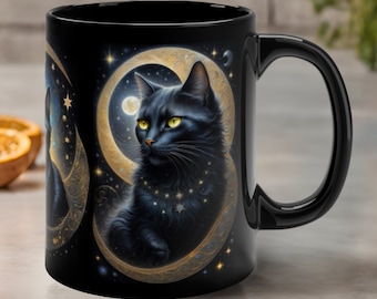 Black Cat Moon Mug - Mystical Moon Cat Mug - Half Moon New Moon & Stars Cat Cup - Unique Supernatural Spiritual Occult Gift For Cat Lover