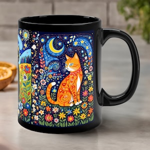 Starry Night Cat Mug - Dreamlike Enchanting Floral Cat Coffee Mug - Whimsical Magical Orange  Black Cat Cup - Cute Unique Gift For Cat Lover