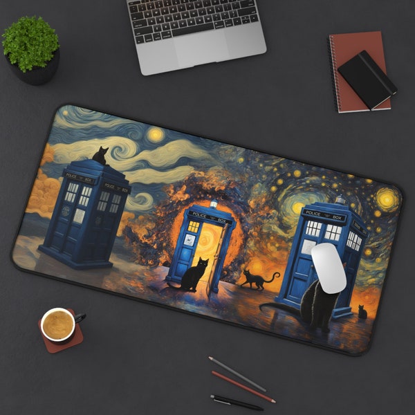 Black Cat Dr Who Desk Mat - Doctor Style Tardis Blue Police Box Starry Night Black Cat MousePad, Pad, Cute Gift For Cat Owner, Lover, Mom