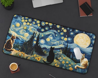Starry Night Cat Desk Mat - Inspired Van Gogh MousePad, Van Gogh Starry Night Black Cat Pad, Cute Gift For Cat Owner, Lover, Lady, Mama, Mom