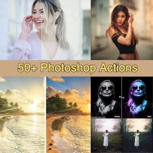 以下が含まれることがあります： 画像を強化するための50種類以上のPhotoshopアクションのセット。アクションには、カラー調整、ライティング効果、アーティスティックなスタイルが含まれます。画像は、ビフォーアフターの結果の例を示しています。