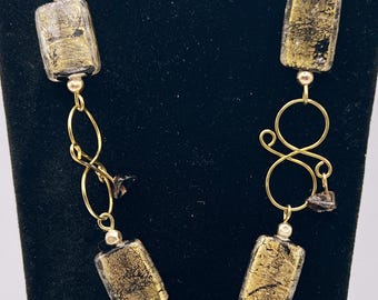 Wire wrapped necklace, Goldtone CopperWire & Gold Foil Chipped Beads Necklace and Earring Set