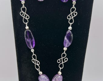 Silvertone Copper Wire & Amethyst Necklace and Earrings Set