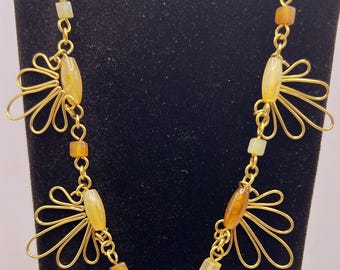 Wire wrapped necklace, Goldtone CopperWire & Jade Petal Bead Necklace