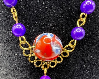 Wire wrapped necklace, Blue Lapis Stone, Goldtone CopperWire with Glass bead and Lapis stone beads necklace and Earring Set