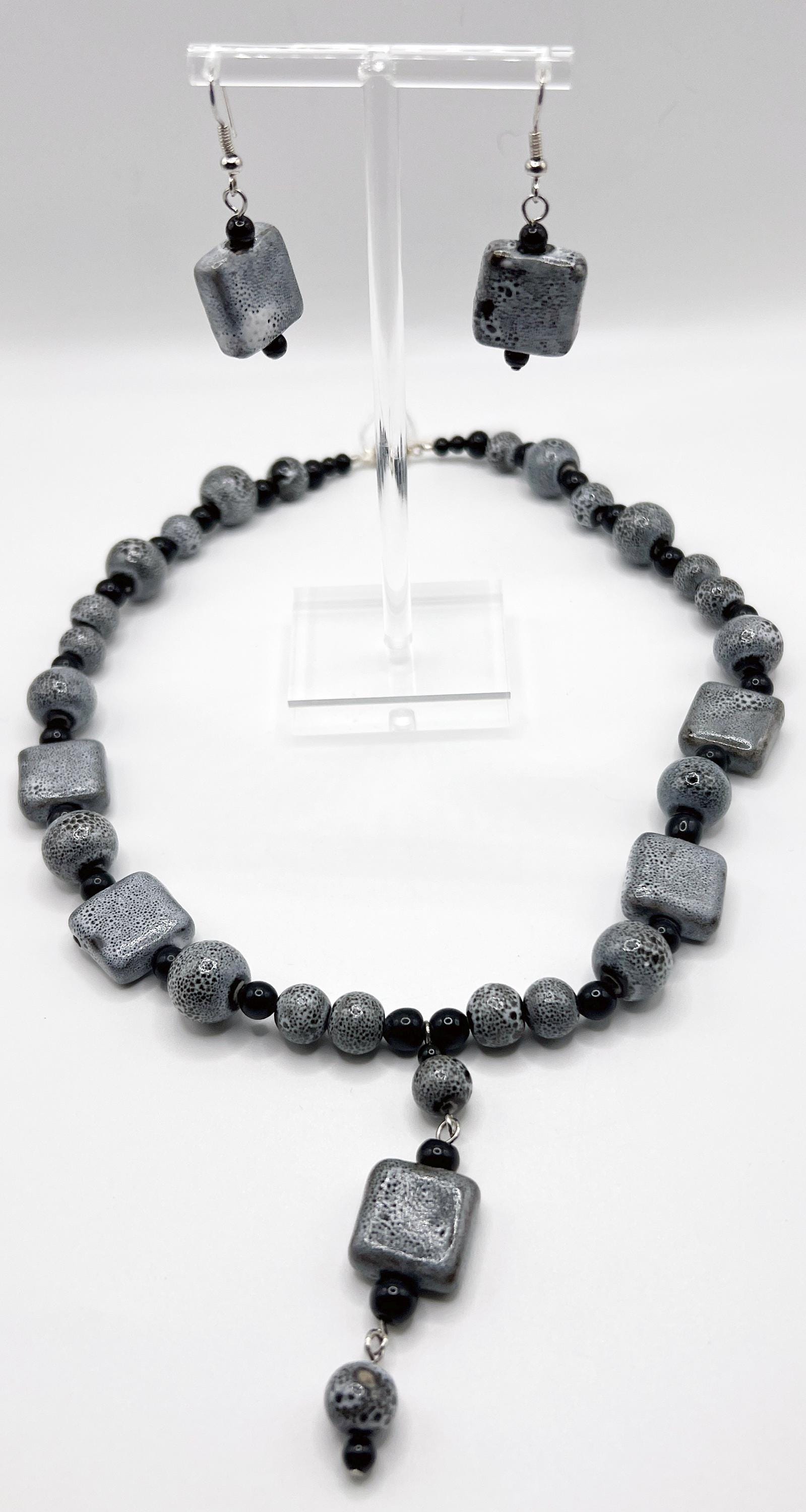 Silvertone Ceramic Black Bead Necklace and Earrings Set
