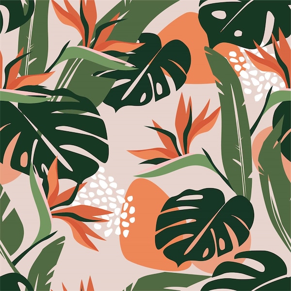 4 way stretched polyester spandex tropical leaves fabric print-200406-Works swimwear, bikini, Support to Custom print - Price sold by yard