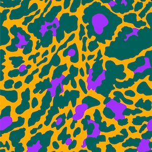 May include: Abstract seamless pattern with a leopard print design in shades of orange, teal, and purple.