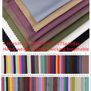 May include: A swatch card displaying 85 different colours of 4-way stretch fabric. The fabric is 73% polyester and 27% spandex. It is a heavy weight fabric, 260gsm, and is wicking and breathable.