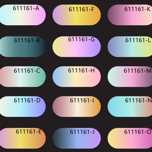 May include: Fifteen oval colour swatches with gradient effects are displayed. Each swatch shows a unique blend of colours, including pastel blues, pinks, vibrant yellows, and purples. Each swatch has a unique alphanumeric code.