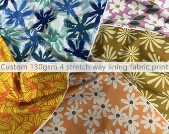 Può includere: Una collezione di tessuti per fodera 130gsm elasticizzati in 4 direzioni con vari motivi floreali in blu, bianco, rosa, giallo, senape e arancione. Il tessuto presenta petali sovrapposti, motivi a margherita e disegni floreali astratti.