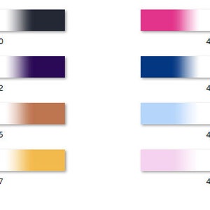 May include: Eight color gradient swatches, each with a different color. The colors are black, pink, purple, blue, brown, light blue, yellow, and pink. Each swatch has a white center and fades to the color on either side.