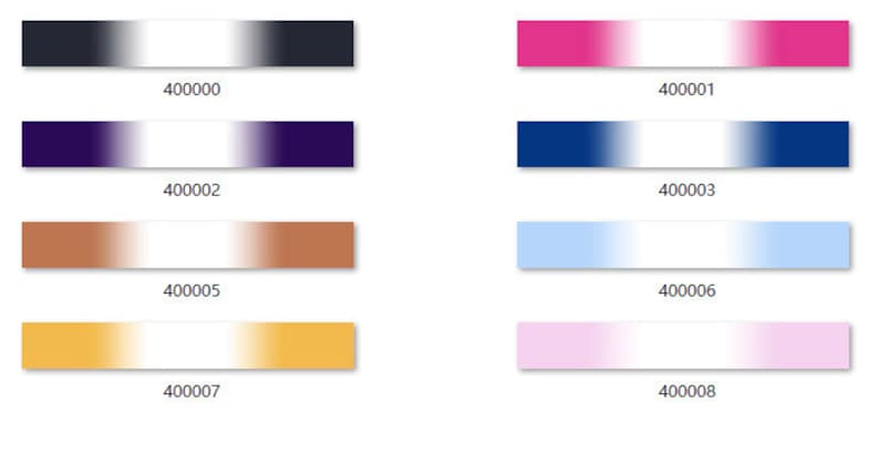 May include: Eight color gradient swatches, each with a different color. The colors are black, pink, purple, blue, brown, light blue, yellow, and pink. Each swatch has a white center and fades to the color on either side.