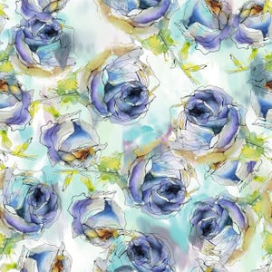 Puede incluir: Una pintura de acuarela con un patrón sin costuras de rosas azules sobre un fondo blanco. Las rosas están pintadas en un estilo suelto y abstracto, con bordes suaves y detalles delicados.