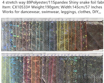 49 sólido 4 vías poliéster Spandex brillante serpiente tela de papel de aluminio ideal para ropa de baile, leotardos, trajes de baño, leggings, ropa de yoga, precio vendido cortado a medida