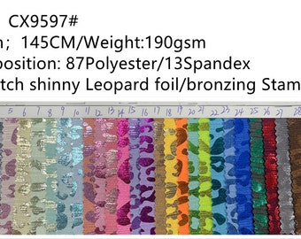 Spandex de poliéster brillante de 4 vías con estampado de leopardo dorado, ideal para ropa de baile, leotardos, disfraces, leggings y gimnasia. Se vende cortado a medida.