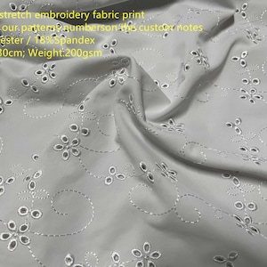 Custom stretch embroidery polyester spandex fabric Print No MOQ 200gsm weight, Works swimwear, bikini, dancewear, clothes Price sold by yard
