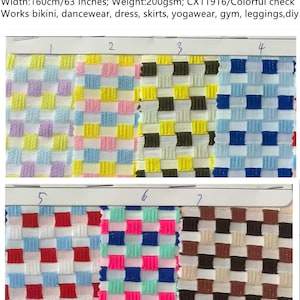 May include: A collection of colorful jacquard check grid fabric swatches. The fabric is 160cm (63 inches) wide and weighs 200gsm. The swatches feature a variety of colors and are suitable for making bikinis, dresses, skirts, and other apparel.