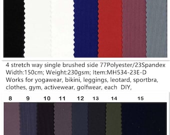 4 stretch way Moisture wicking Polyester Spandex single brushed side suit for activewear, yogawear, dancewear, leggings, Price sold by yard