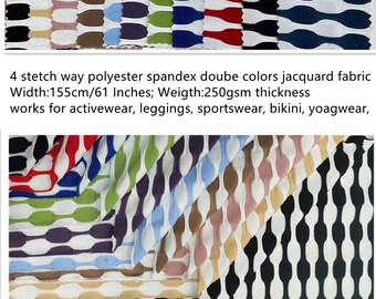 May include: A collection of colorful jacquard fabric swatches. The fabric features a repeating pattern of elongated ovals in various colors, including black, white, red, blue, and green. The text on the image indicates the fabric is suitable for activewear and swimwear.
