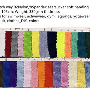 May include: Swatch card displaying 24 fabric samples in a range of colours. The fabric is a 92% nylon and 8% spandex seersucker with a soft hand feel. The fabric is 105 cm wide and weighs 330 grams per square metre. The fabric is described as being suitable for swimwear, activewear, gym wear, leggings, yoga wear, bikinis, swimsuits, clothing, DIY projects, and colours.