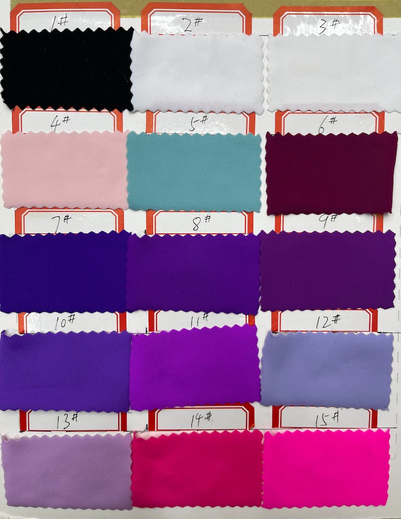 May include: A grid of fifteen rectangular fabric swatches with pinked edges, each labeled with a number from 1# to 15#. The colors include black, white, light pink, teal, dark purple, various shades of violet, lavender, magenta, and bright pink.