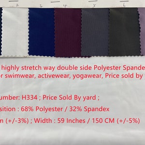 May include: Swatch card of seven fabric samples. The samples are white, navy blue, burgundy, gray, charcoal, purple, and light purple. The fabric is described as 4-way stretch, double-sided polyester spandex, suitable for swimwear, activewear, and yoga wear. The fabric is 68% polyester and 32% spandex, 230 gsm, and 59 inches wide.