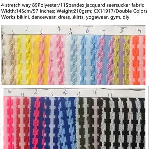 Peut inclure: Échantillon de tissu seersucker multicolore, avec des nuances de beige, jaune, rose, bleu et orange. Le tissu mesure 145 cm de large. Convient pour maillots de bain, danse, robes, jupes et projets DIY.