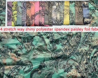 17 solid 4 stretch way Polyester Spandex paisley Foil fabric works for dancewear, leotard, swimwear, leggings, yogawear, Price sold by yard