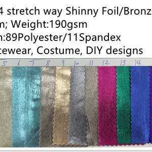 4 stretch way shinny polyester Spandex Foil bronzing gilt works for dancewear, leotard, costume, leggings, gymnastics Price sold by yard