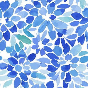 Peut inclure: Un motif sans couture composé de fleurs bleues en aquarelle sur un fond blanc. Les fleurs sont abstraites et ont un aspect pictural.