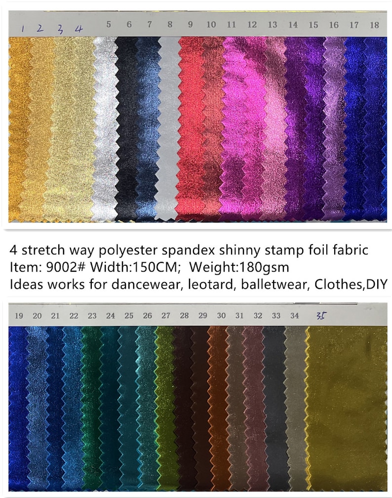 May include: A fabric swatch with a range of colours, such as gold, silver, black, red, pink, and purple. The image text says: "4 stretch way polyester spandex shinny stamp foil fabric." The fabric is 150cm wide.